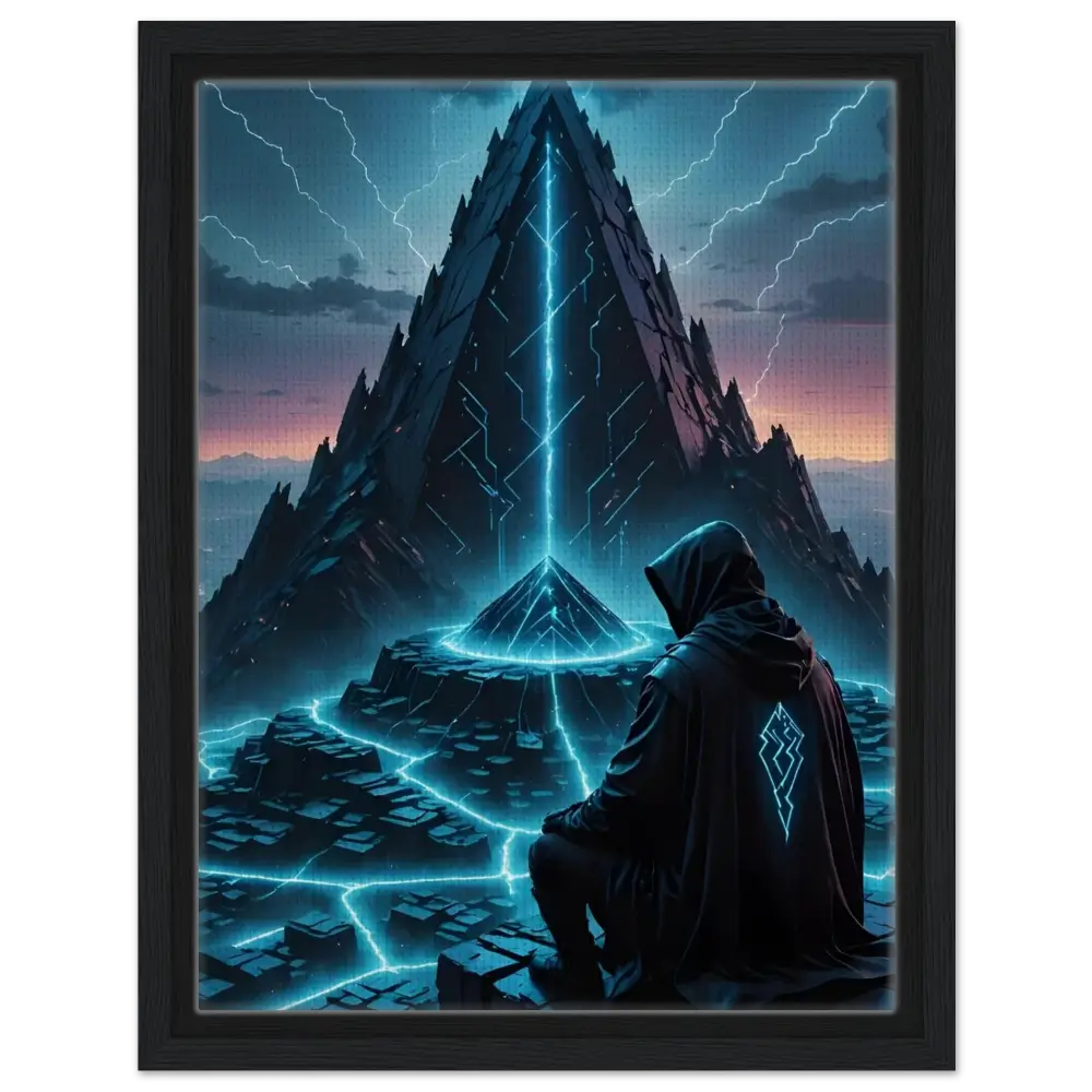 Framed futuristic pyramid landscape artwork for Electric Ascension – Framed Canvas Edition