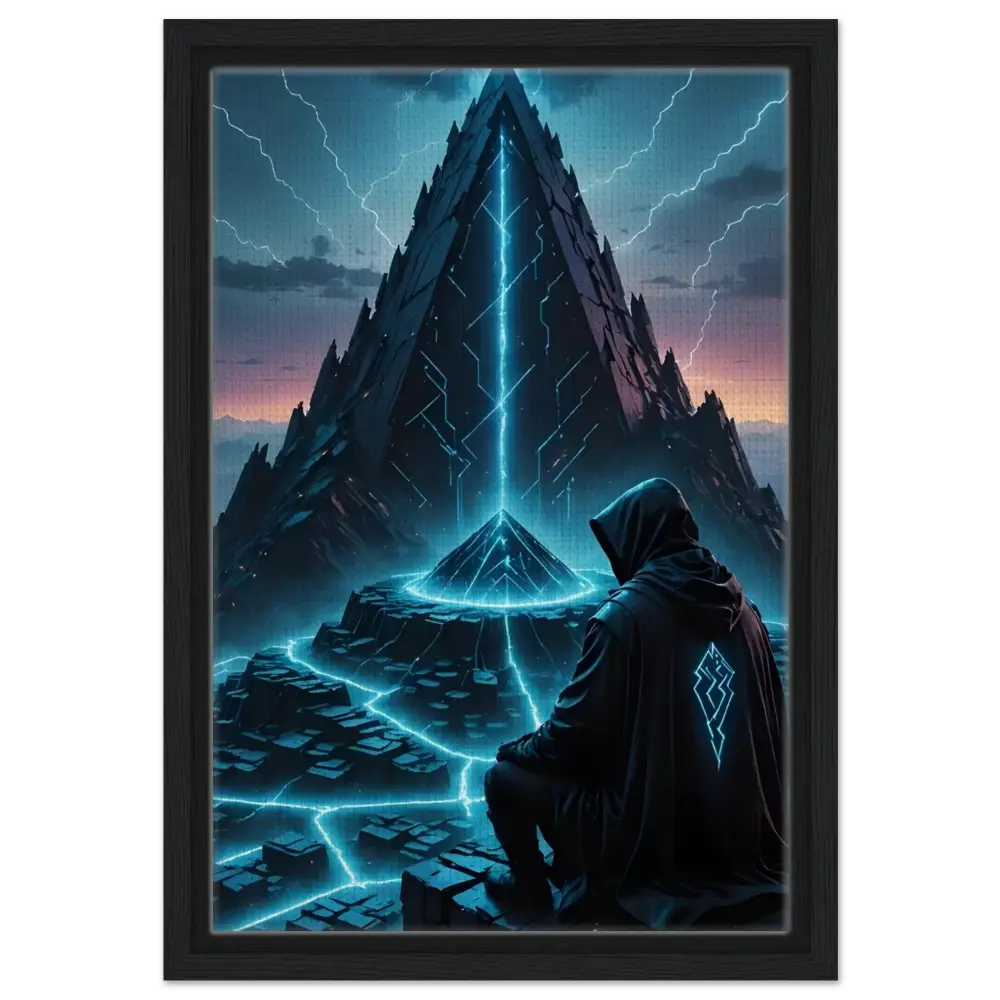 Framed futuristic fantasy art titled Electric Ascension – Framed Canvas Edition on display