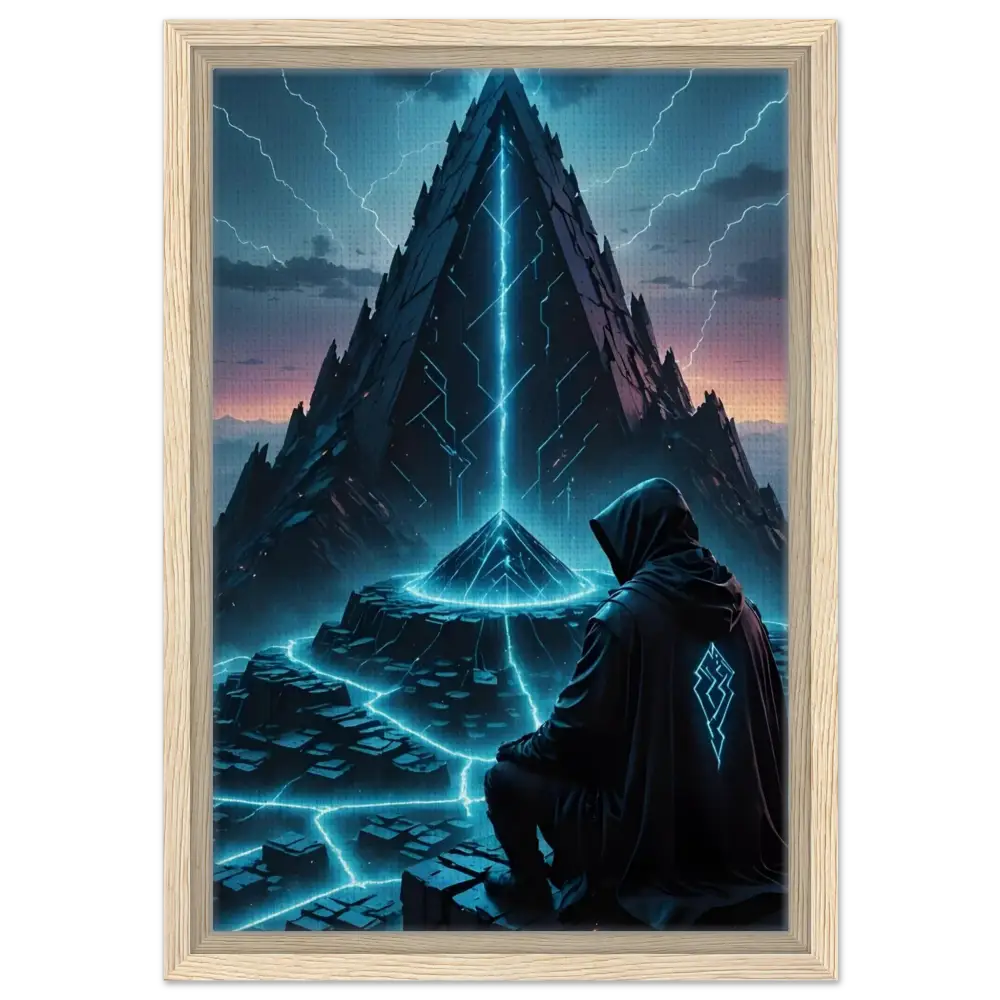 Futuristic landscape framed canvas with hooded figure Electric Ascension artwork