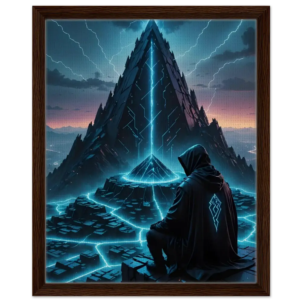 Framed digital art of a hooded figure before a futuristic pyramid in Electric Ascension Canvas Edition
