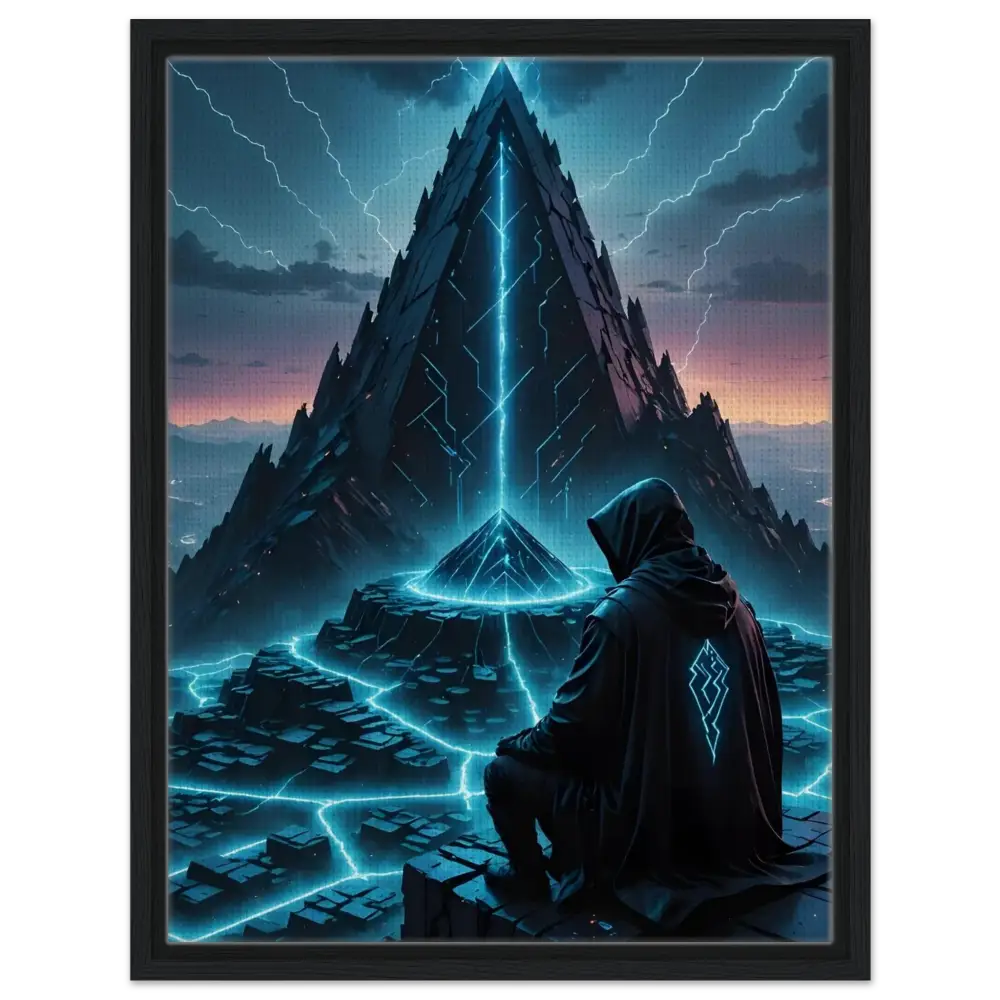 Framed digital artwork Electric Ascension showcasing a hooded figure before a futuristic pyramid