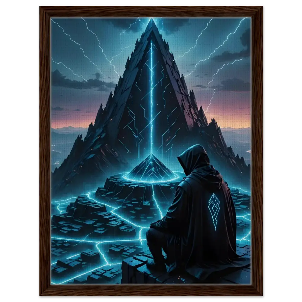 Framed digital art of a hooded figure before a futuristic pyramid in Electric Ascension Canvas Edition