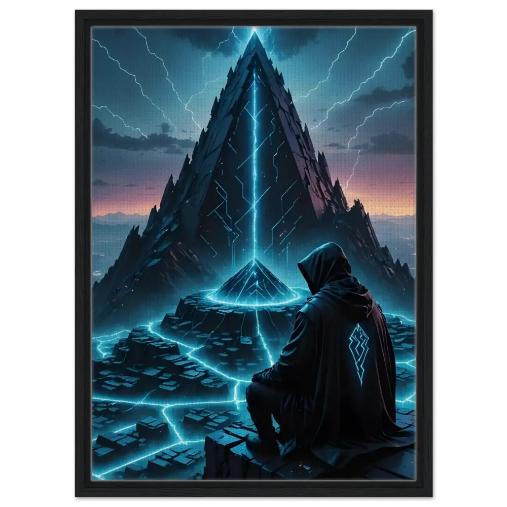 Framed digital art of a hooded figure before a glowing Pyramid in Electric Ascension Canvas
