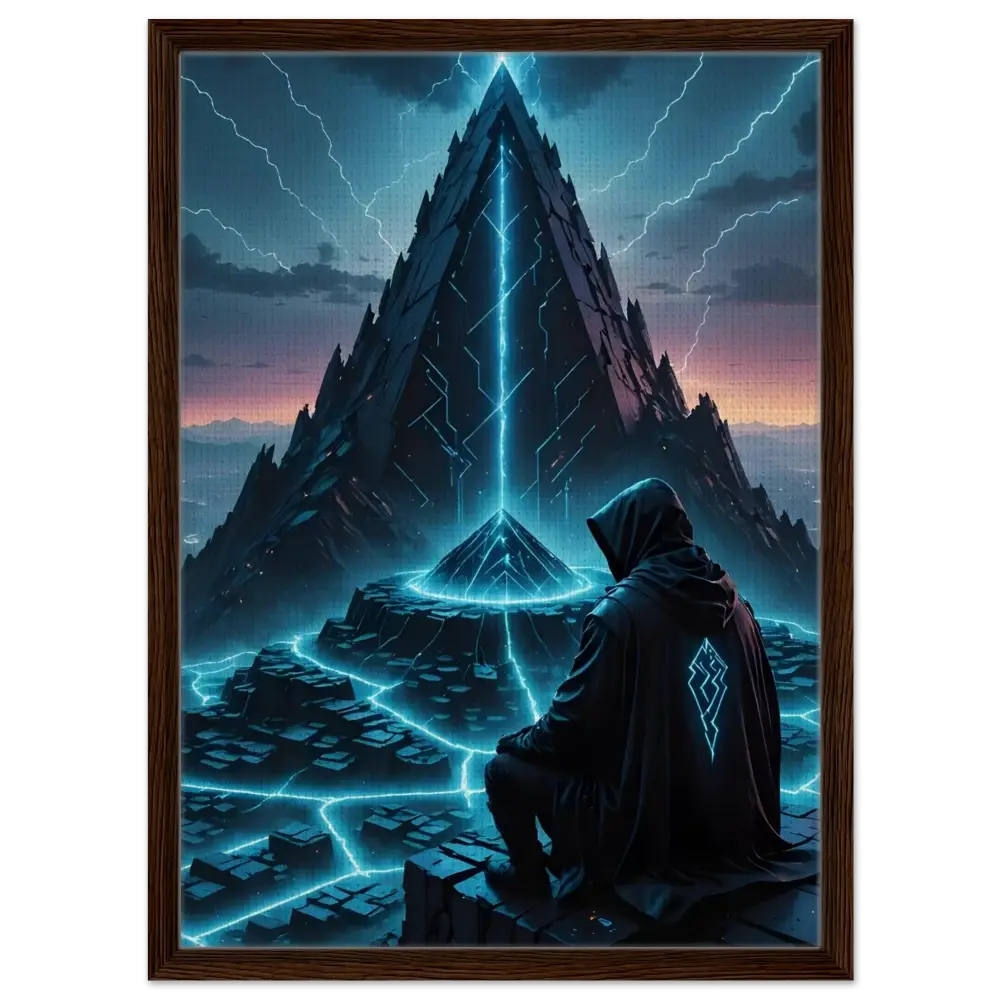 Framed digital art of a hooded figure before a futuristic pyramid in Electric Ascension Canvas Edition
