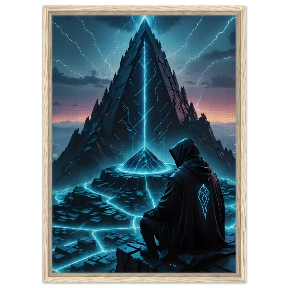 Framed digital art of a hooded figure before a futuristic pyramid in Electric Ascension Canvas Edition