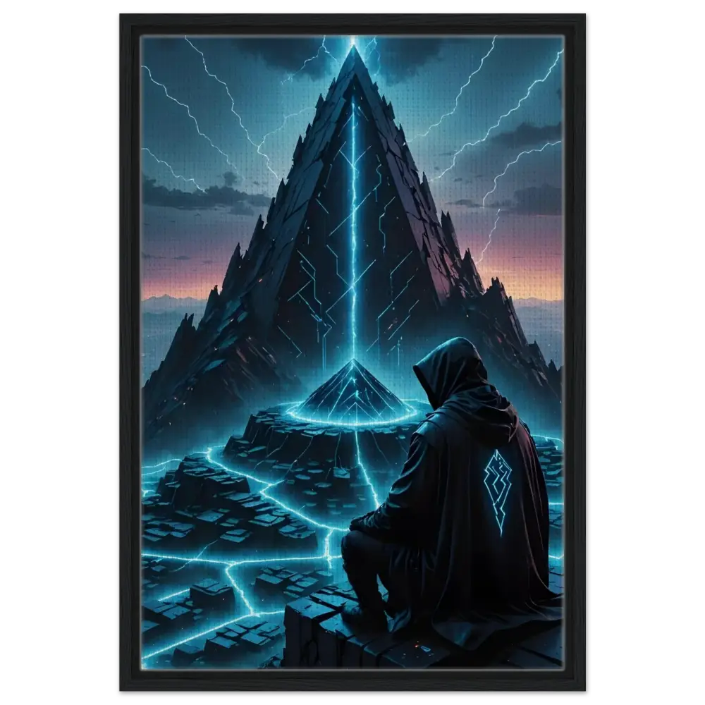 Framed digital art of hooded figure before a futuristic pyramid from Electric Ascension Canvas Edition