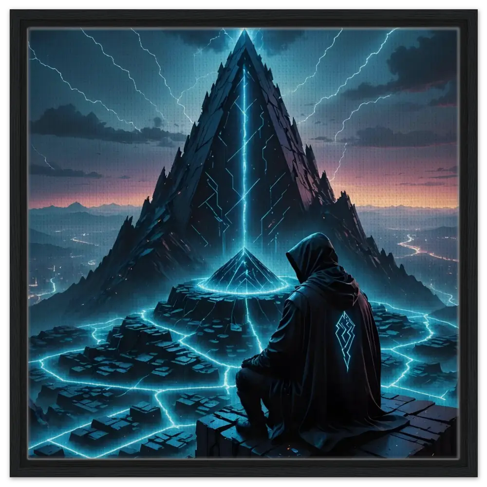 Hooded figure before a glowing pyramid in Electric Ascension Framed Canvas Edition artwork