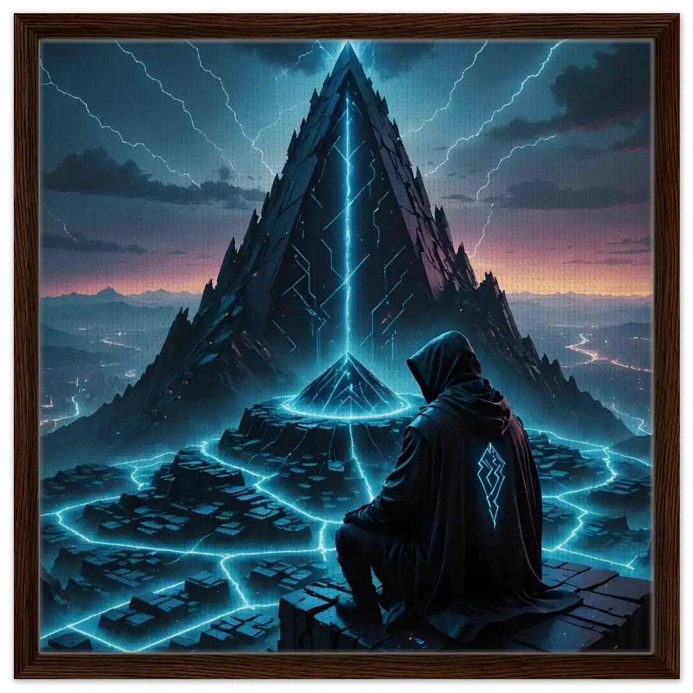 Framed digital art of a hooded figure before a glowing pyramid in Electric Ascension Canvas Edition