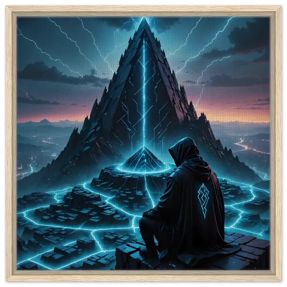 Framed digital art of a hooded figure before a glowing Pyramid in Electric Ascension Canvas edition