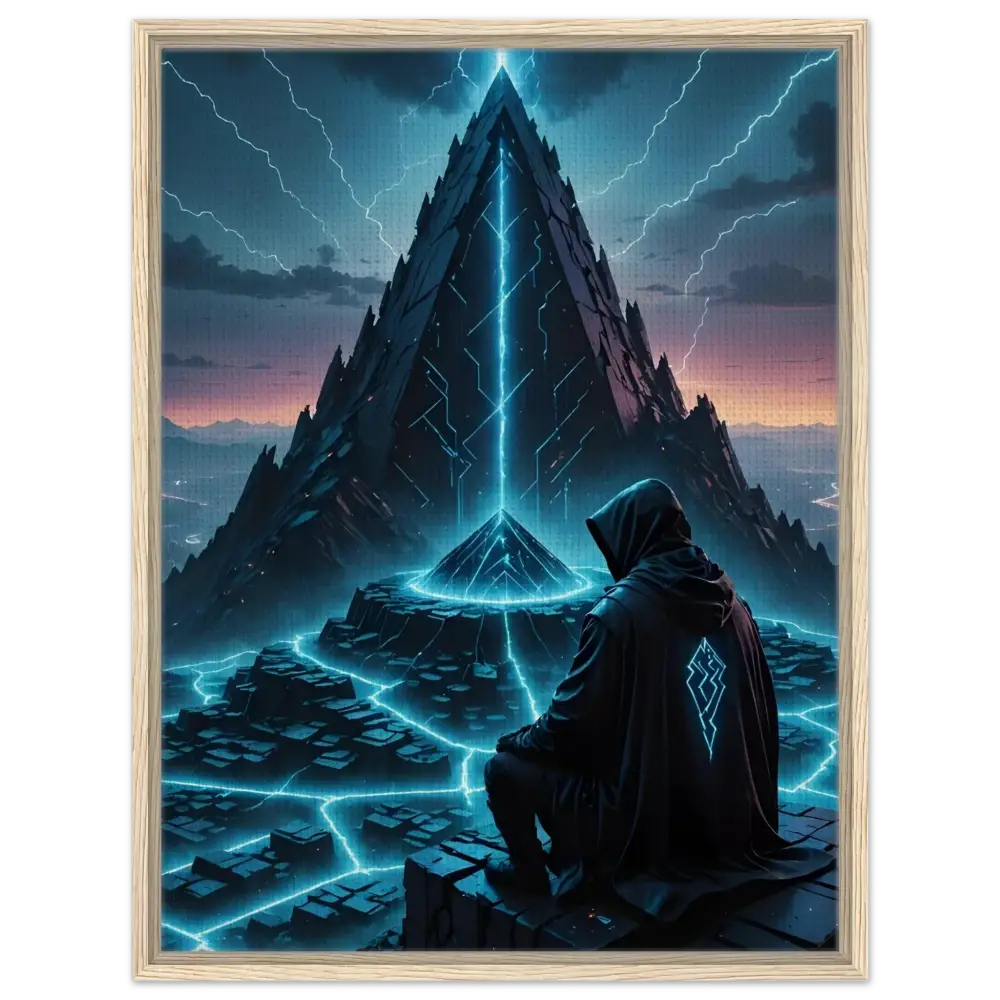 Framed digital art of a hooded figure before a glowing pyramid in Electric Ascension Canvas Edition
