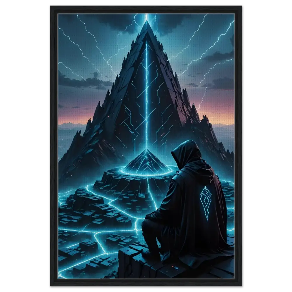 Hooded figure before a glowing pyramid on Electric Ascension framed canvas artwork