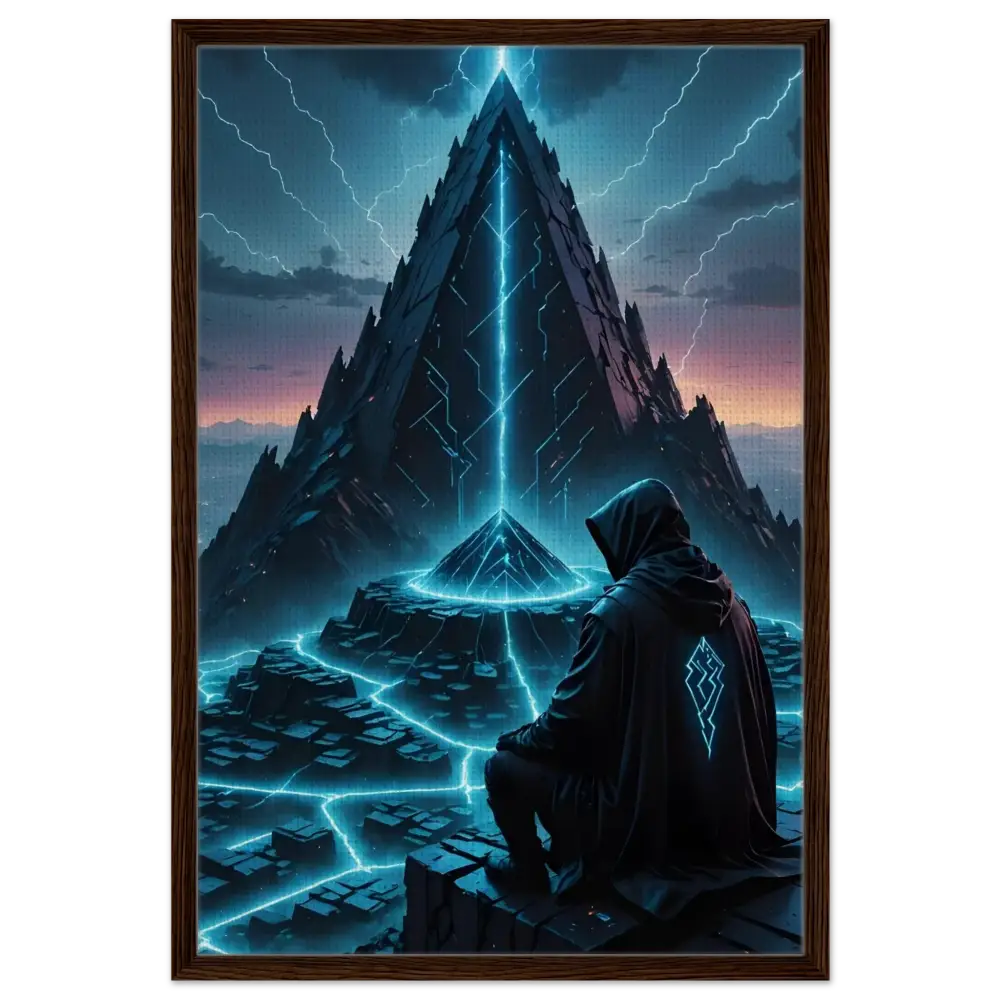 Framed Mystical Mountain Scene displayed on Electric Ascension Canvas Edition artwork