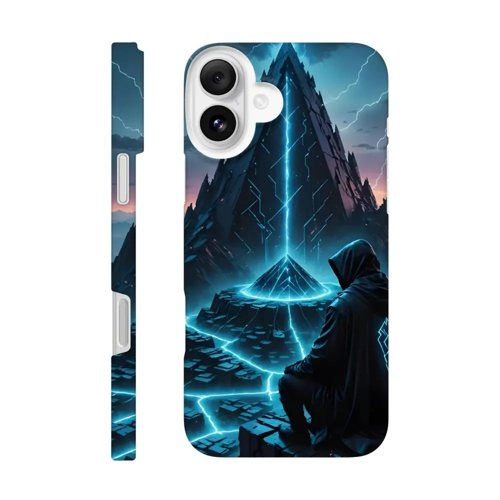 Electric Ascension iPhone Slim Case with futuristic hooded figure and glowing pyramid design