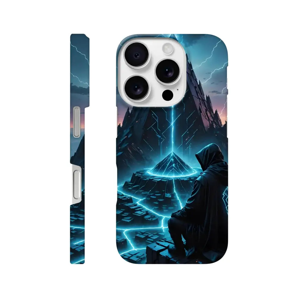 Electric Ascension iPhone Slim Case with hooded figure and glowing pyramid design