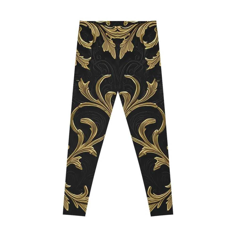 Elegant women’s black and gold baroque patterned leggings from PixiOnyx Active Collection