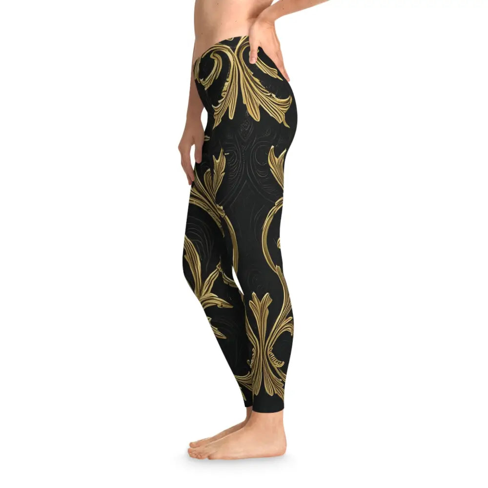 Elegant black leggings with gold baroque pattern from PixiOnyx Active Collection