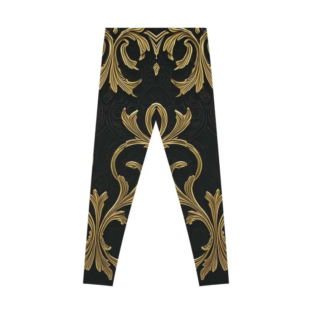Elegant women’s black and gold baroque patterned leggings from PixiOnyx Active Collection