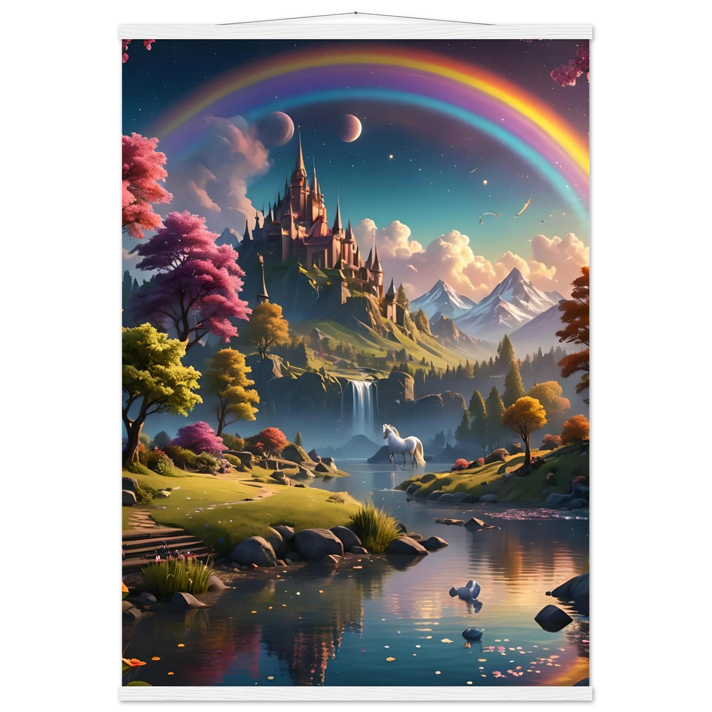 Whimsical castle landscape with rainbow displayed on Realm of the Rainbow Crown Hanging Fantasy Poster