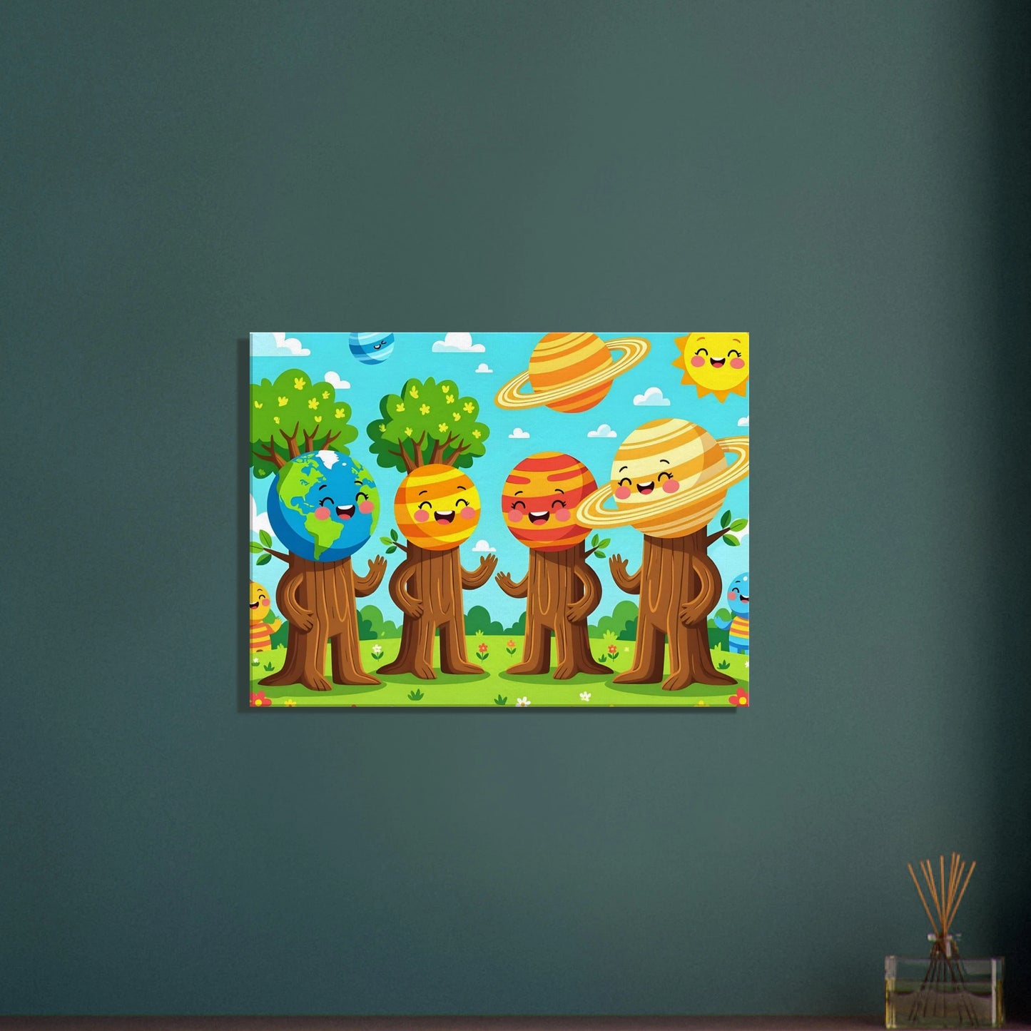 Cartoon Planet-Themed Wall Art Canvas Cosmic Tree Friends PixiOnyx Stellar Kids Art