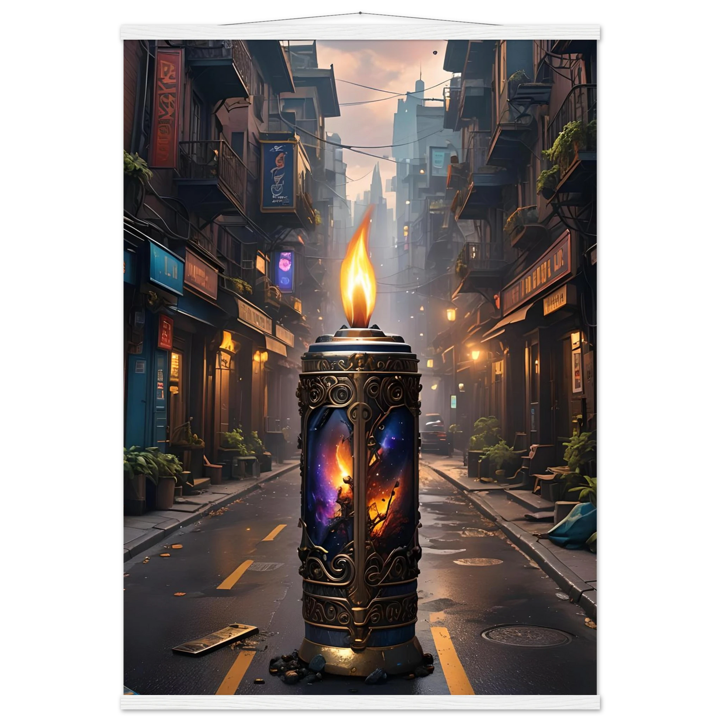 Ornate candle with cosmic imagery on Galactic Flame Hanging Matte Poster from PixiOnyx