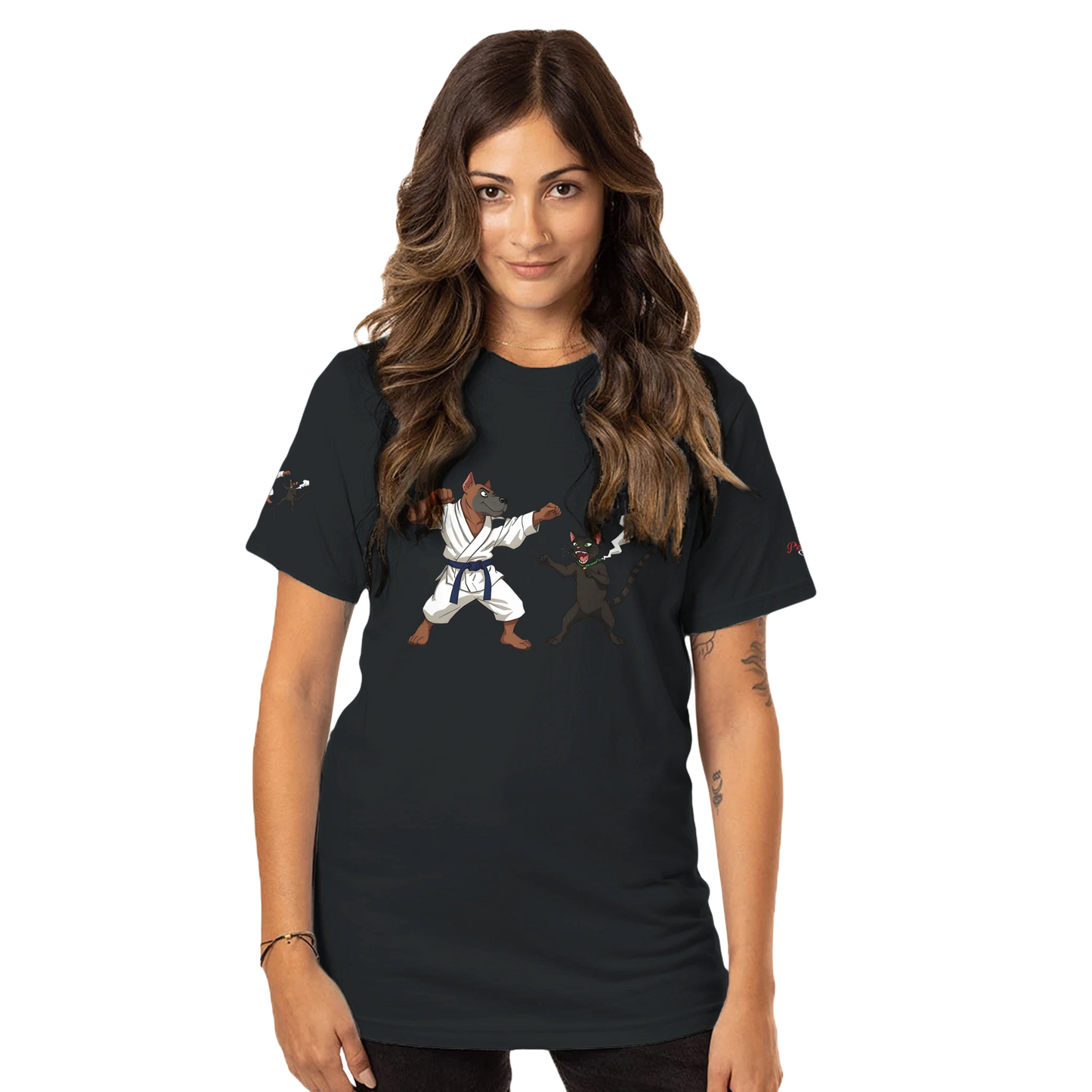Organic unisex black crewneck t-shirt featuring karate dogs from Paws of Fury