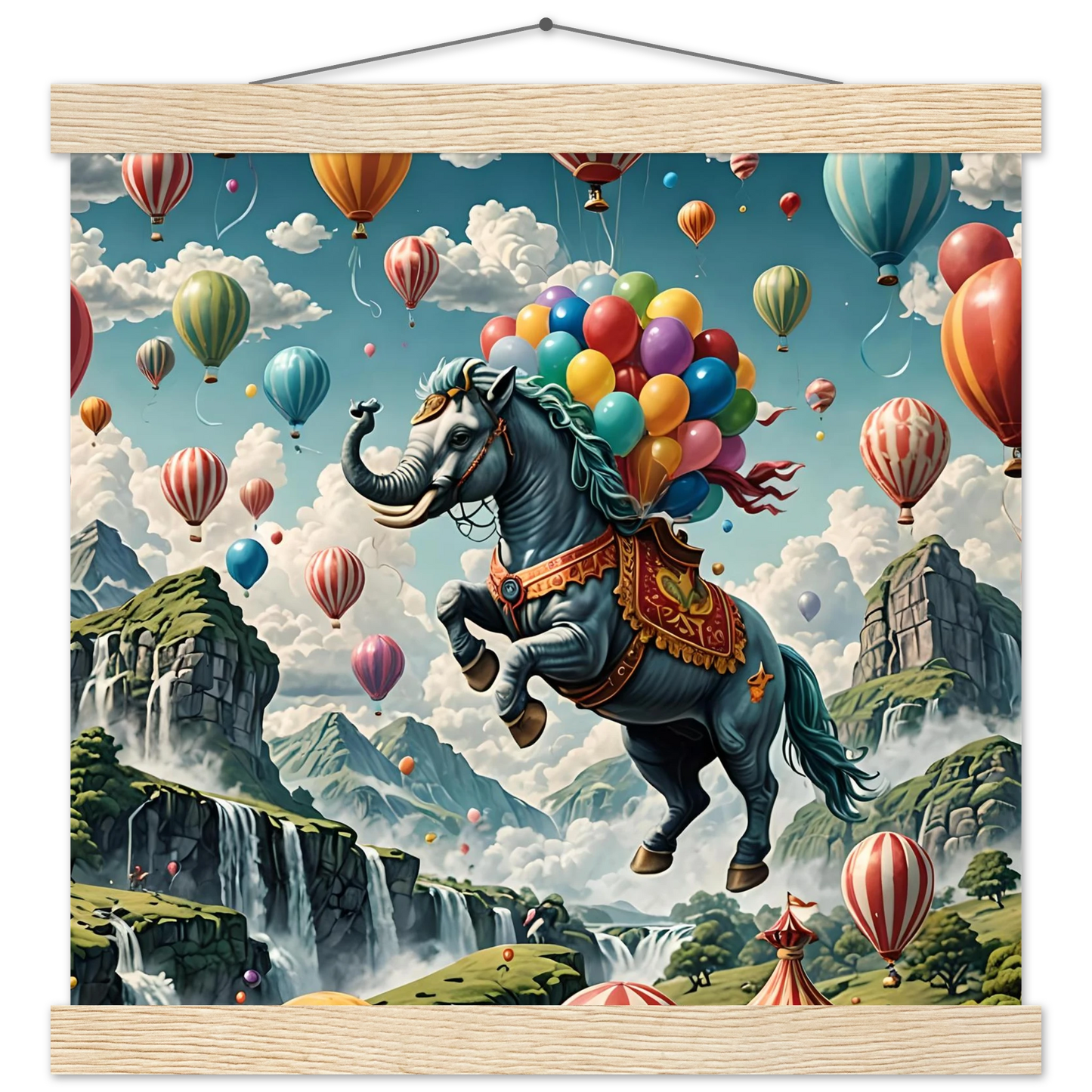 Whimsical elephant-horse hybrid with colorful balloons on Skybound Majesty Premium Matte Poster