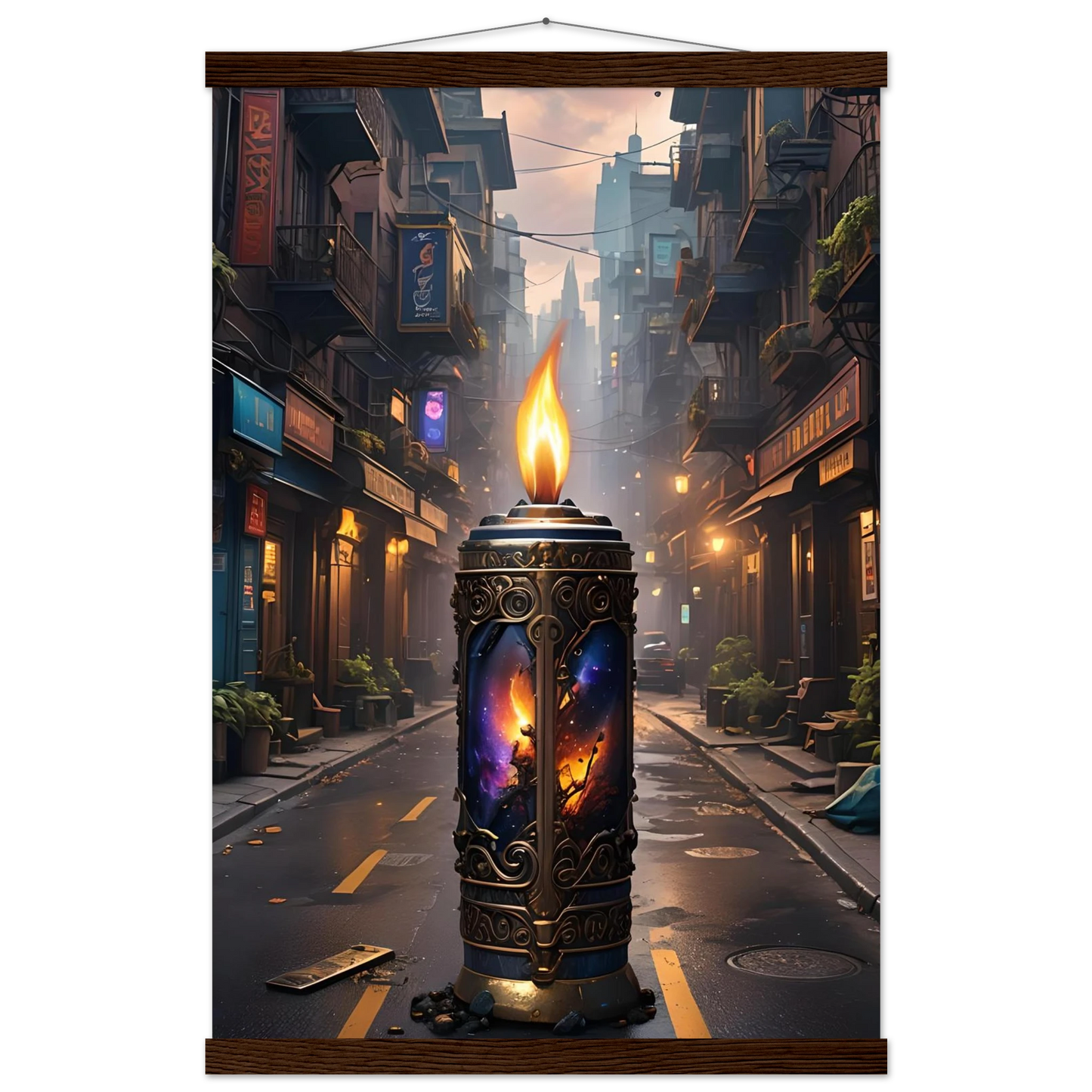 Ornate candle with cosmic imagery from Galactic Flame Hanging Matte Poster PixiOnyx Exclusive