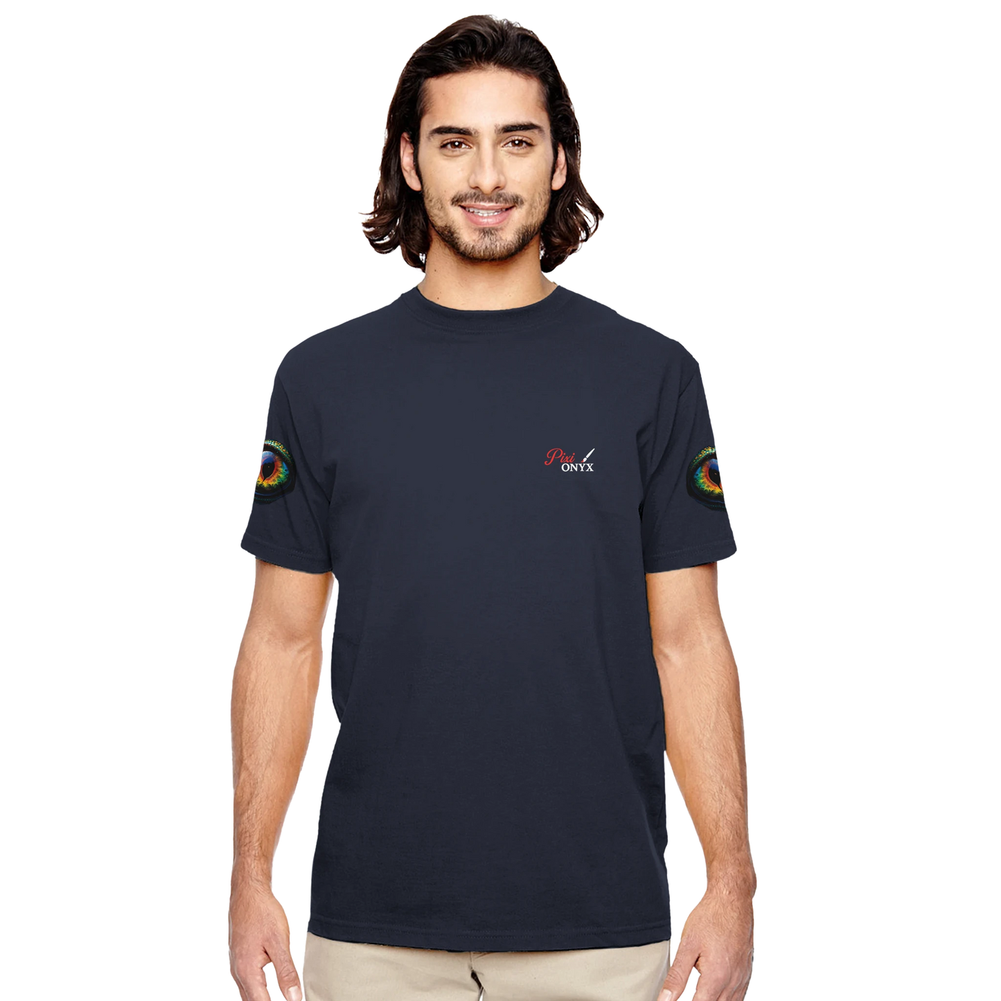 Navy unisex crewneck T-shirt with shoulder patches from PixiOnyx Hypnotic Gaze collection