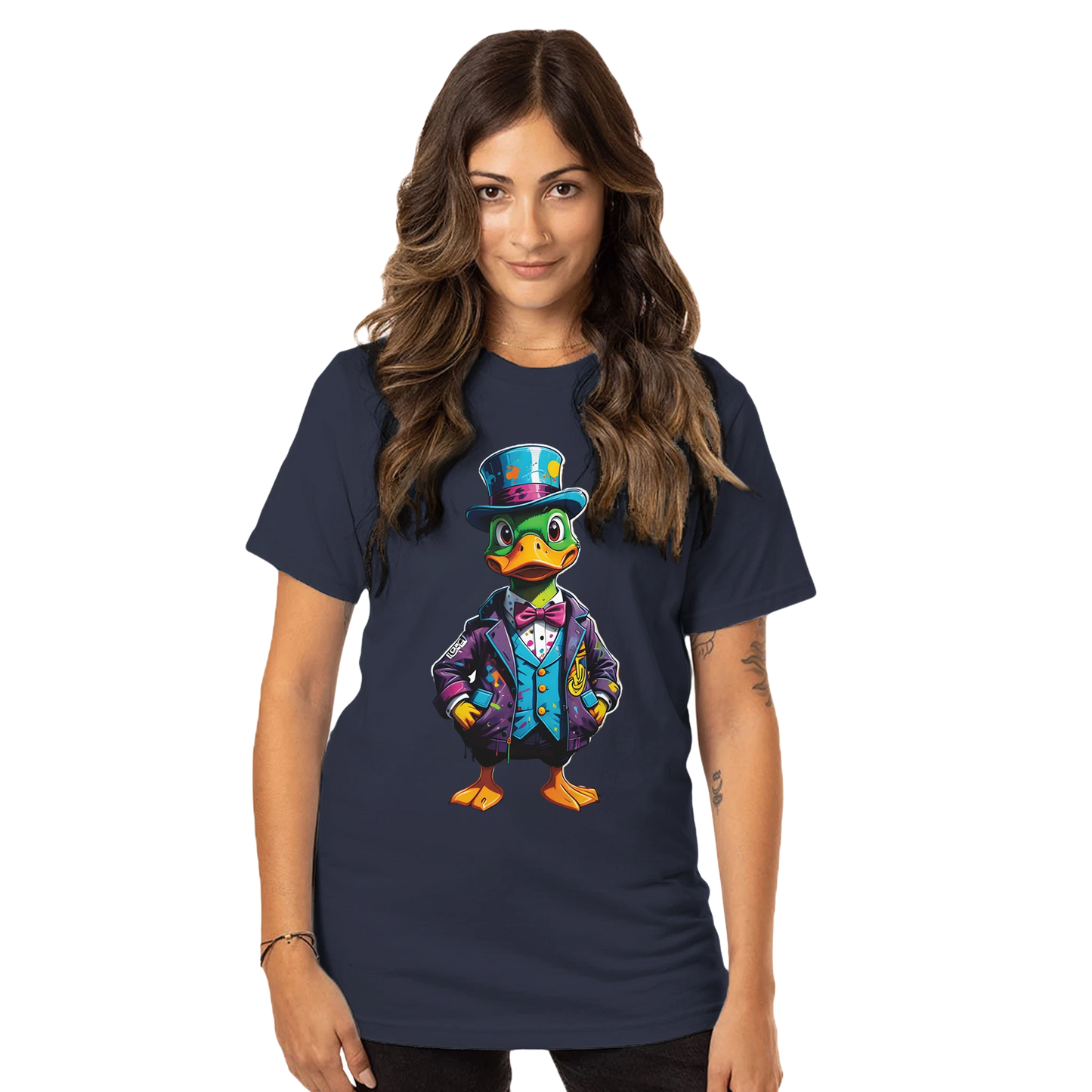 Navy unisex T-shirt with cartoon duck design from PixiOnyx Urban Apparel
