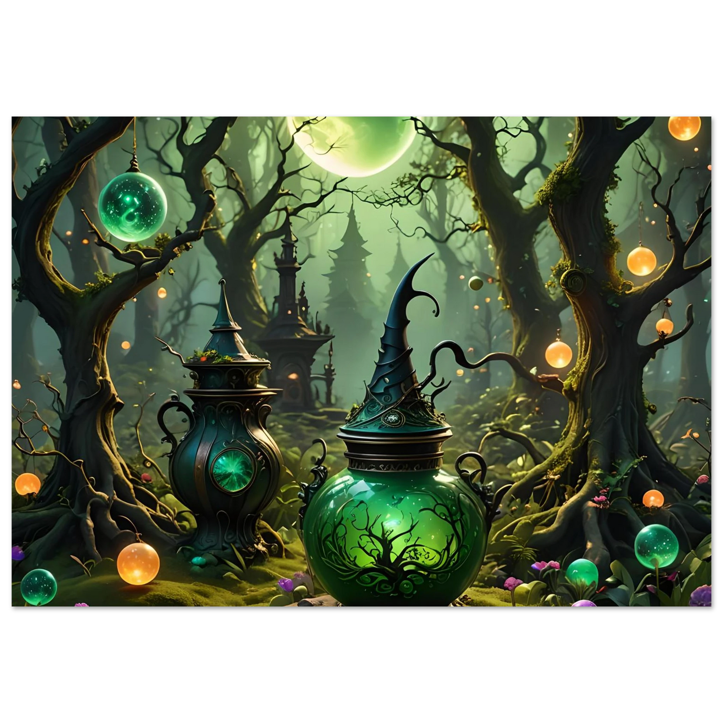Enchanted green potion cauldrons on Witchcraft Forest Fine Art Poster by PixiOnyx