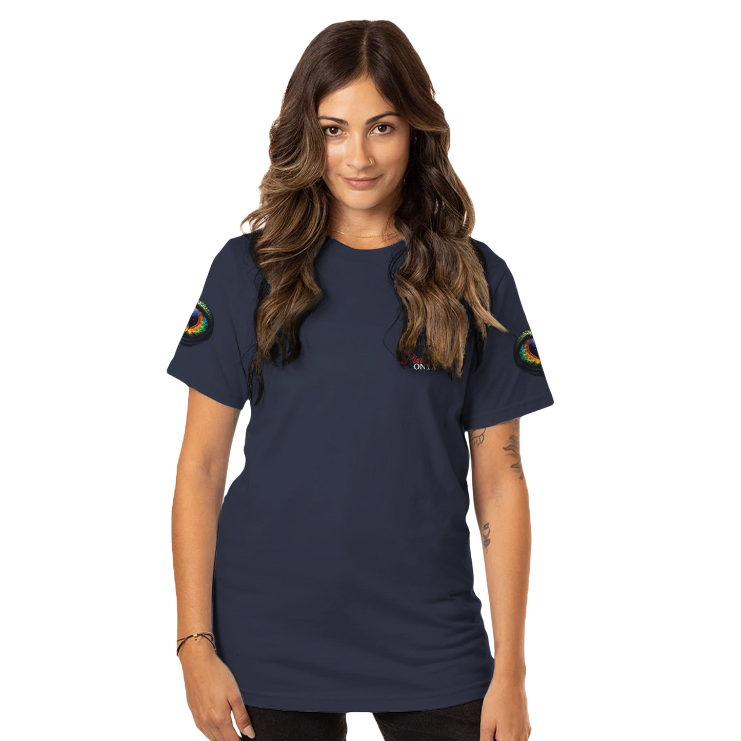 Navy blue organic unisex crewneck T-shirt from PixiOnyx Chameleon’s Prism collection