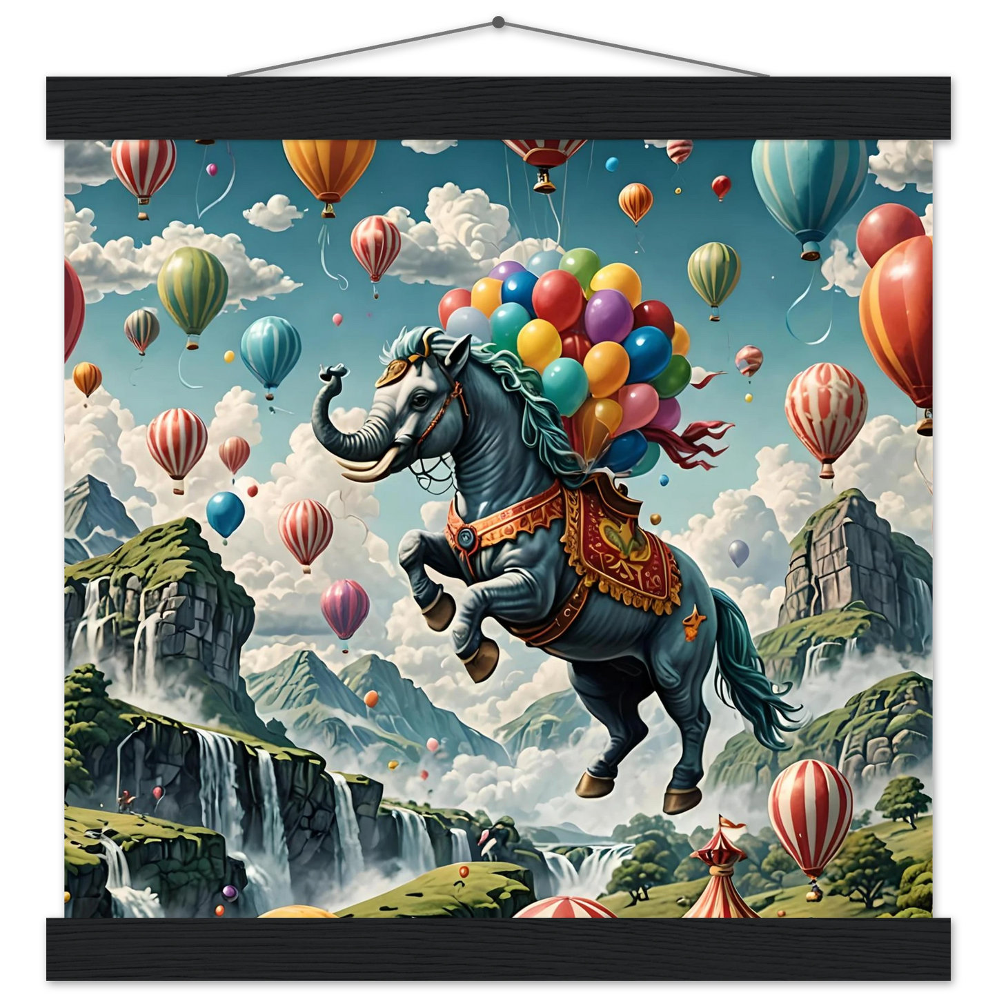 Whimsical elephant-horse hybrid with balloons on Skybound Majesty Premium Matte Paper Poster