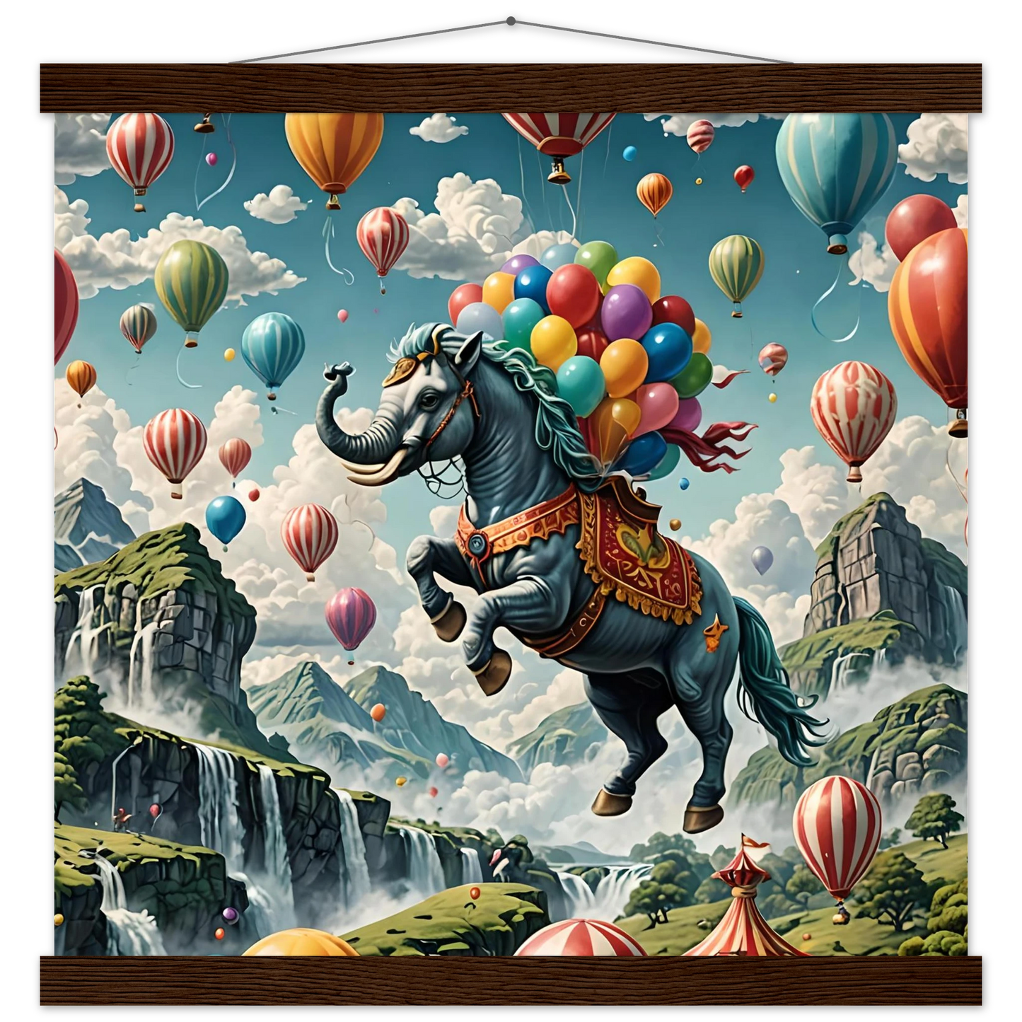 Whimsical elephant-horse hybrid with balloons on Skybound Majesty premium matte poster