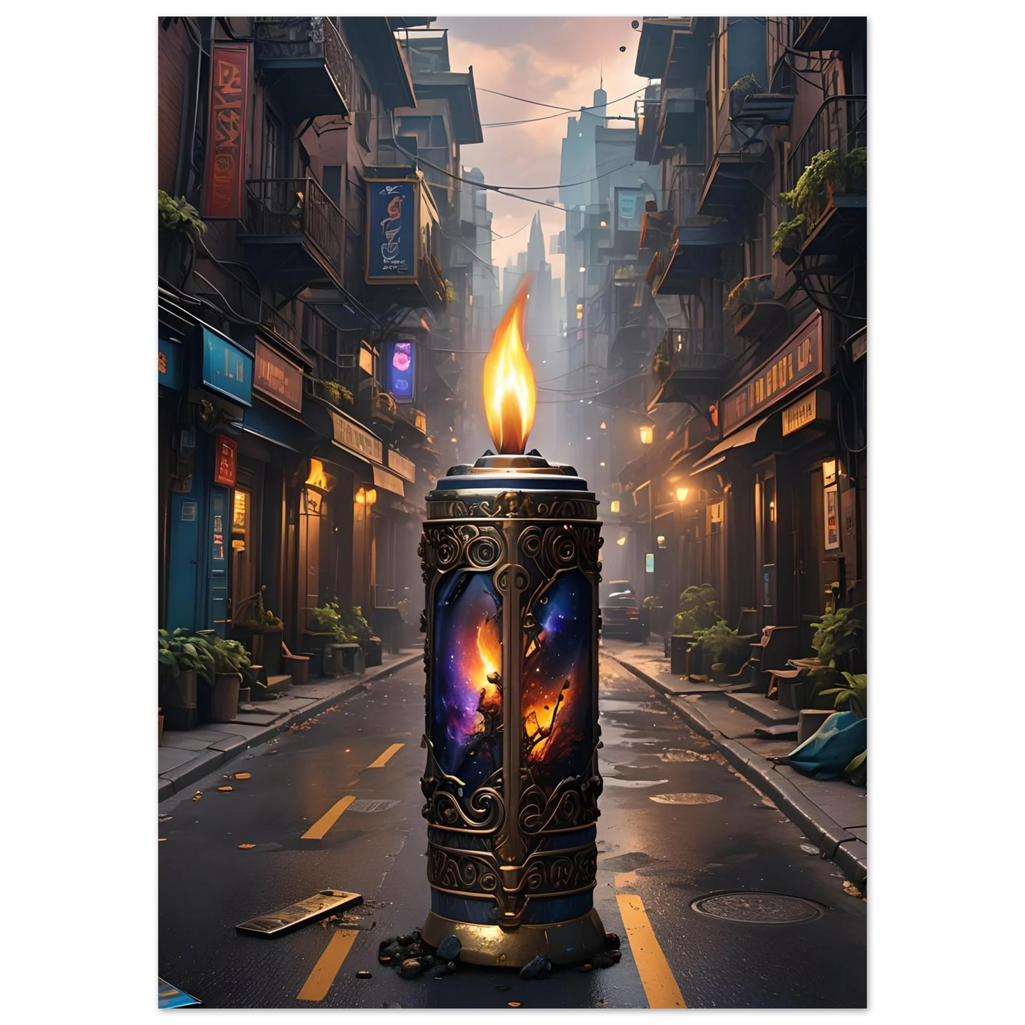 Ornate candle featuring cosmic imagery from Galactic Flame Fine Art Poster PixiOnyx Exclusive