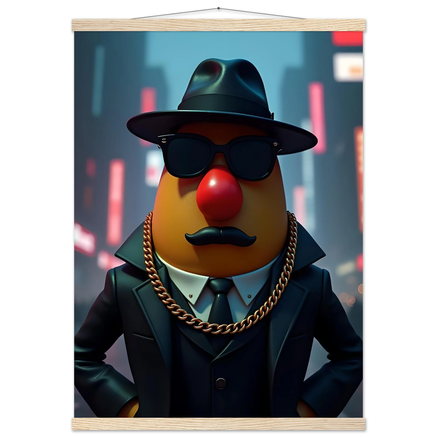 Mr Potato Head gangster poster displayed on Gangster Potato Premium Matte Poster with Hanger
