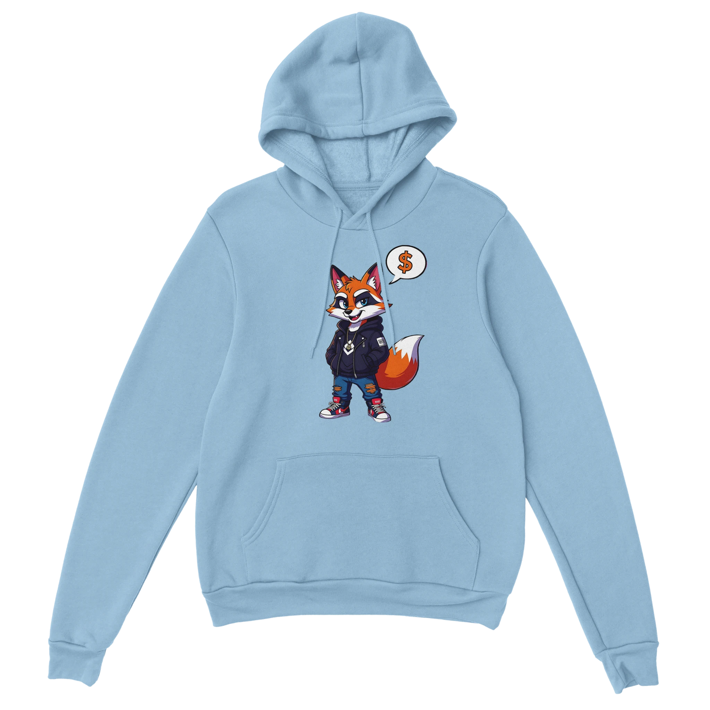 Light blue unisex hoodie with cartoon fox design from Street Hustle Fox PixiOnyx Urban Comfort