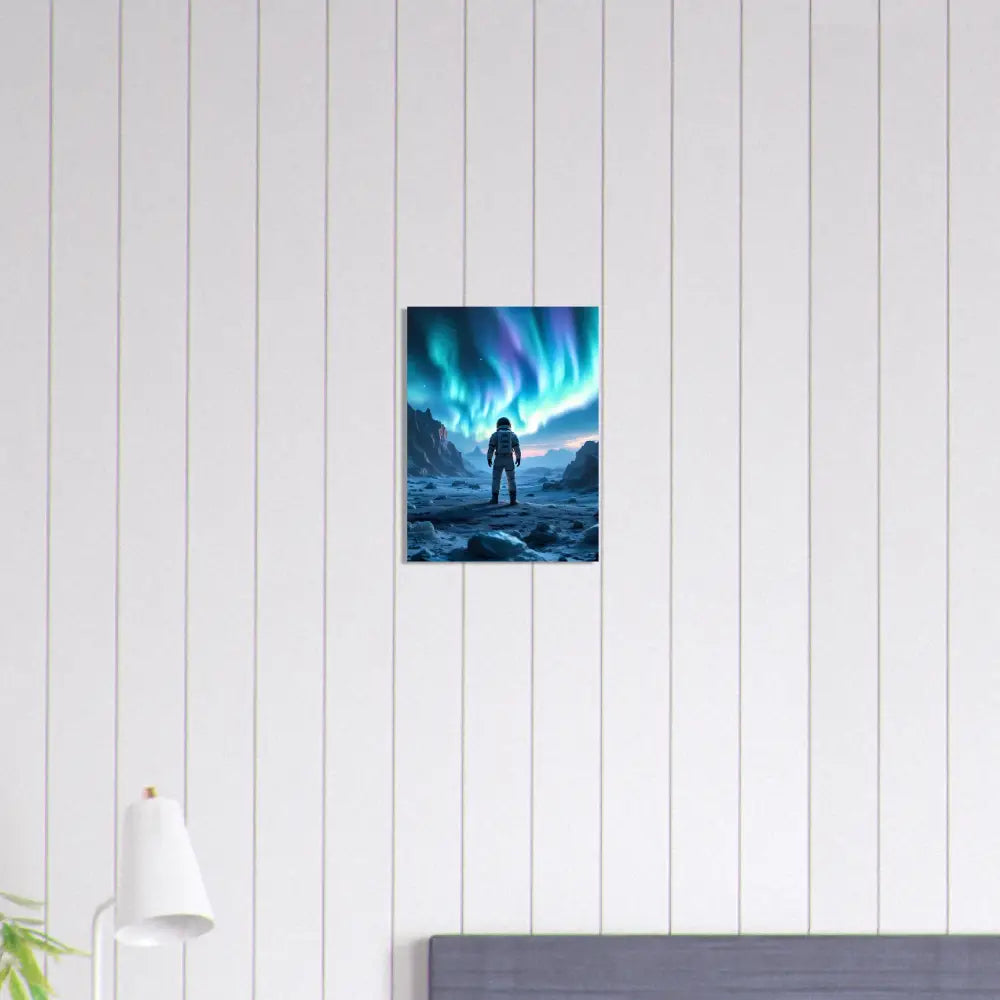 Framed astronaut under vibrant Aurora art displayed in PixiOnyx Surreal Sci-Fi Poster