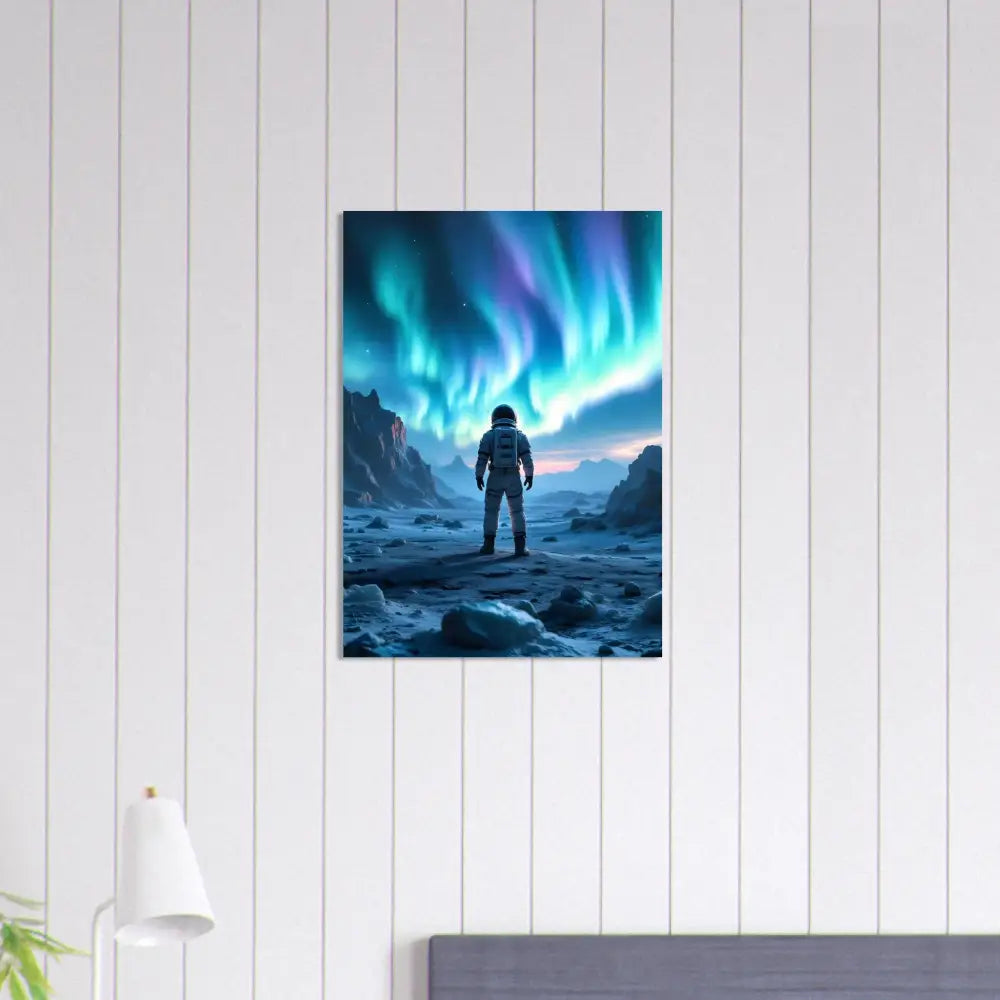 Astronaut under vibrant Aurora Borealis in surreal sci-fi poster display