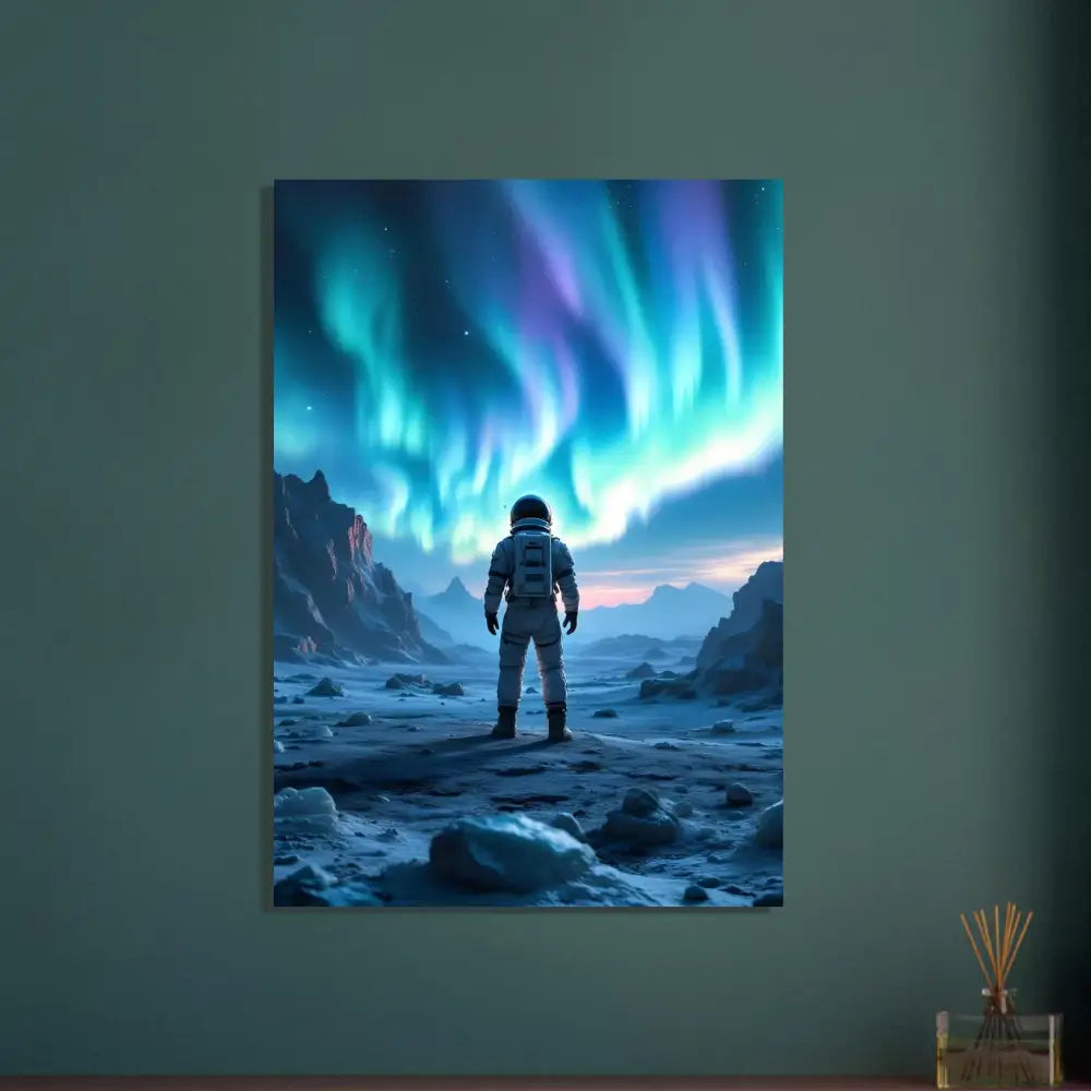 Astronaut gazing at vibrant Aurora Borealis in a surreal sci-fi scene on a PixiOnyx poster