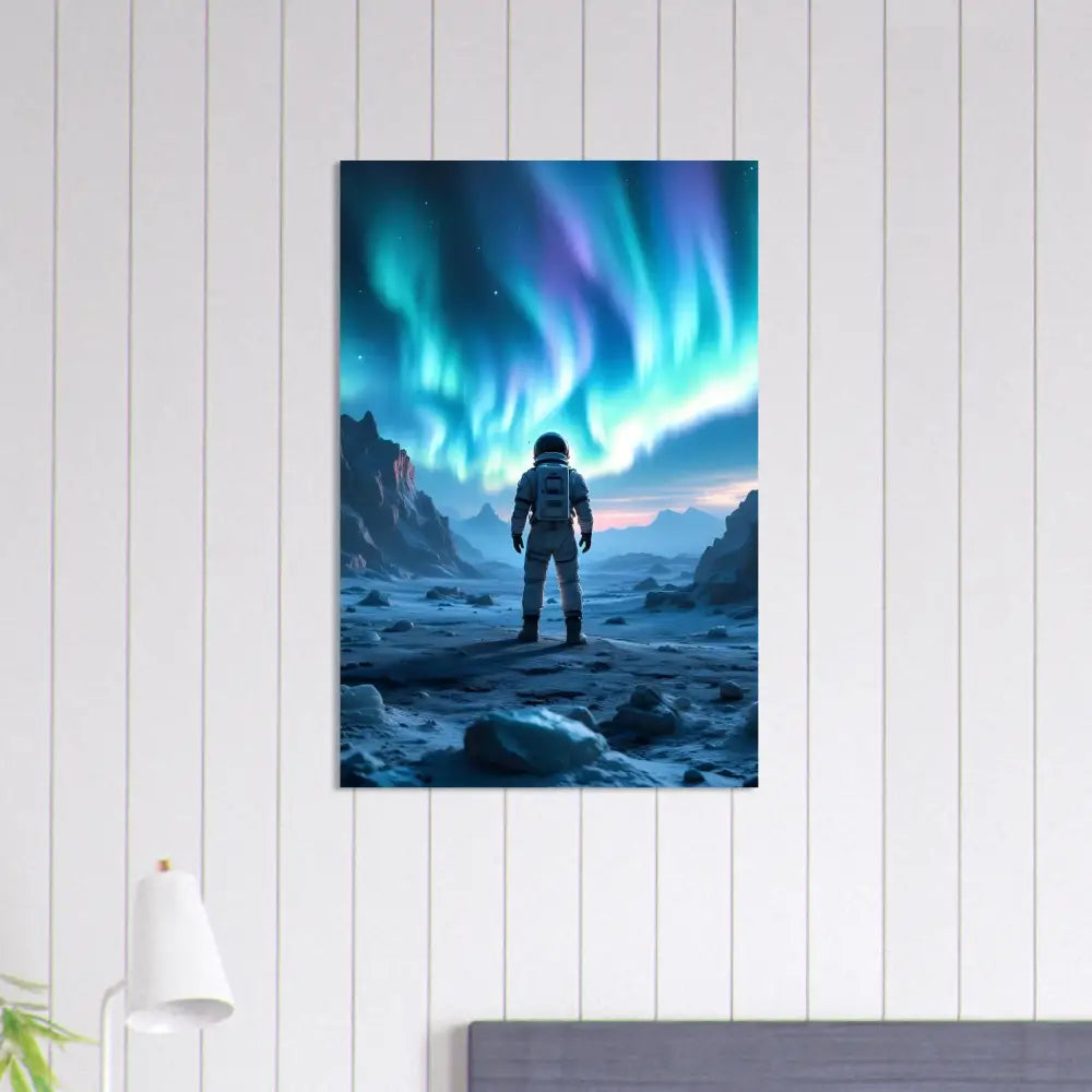 Astronaut under Aurora wall art poster for surreal sci-fi home decor display