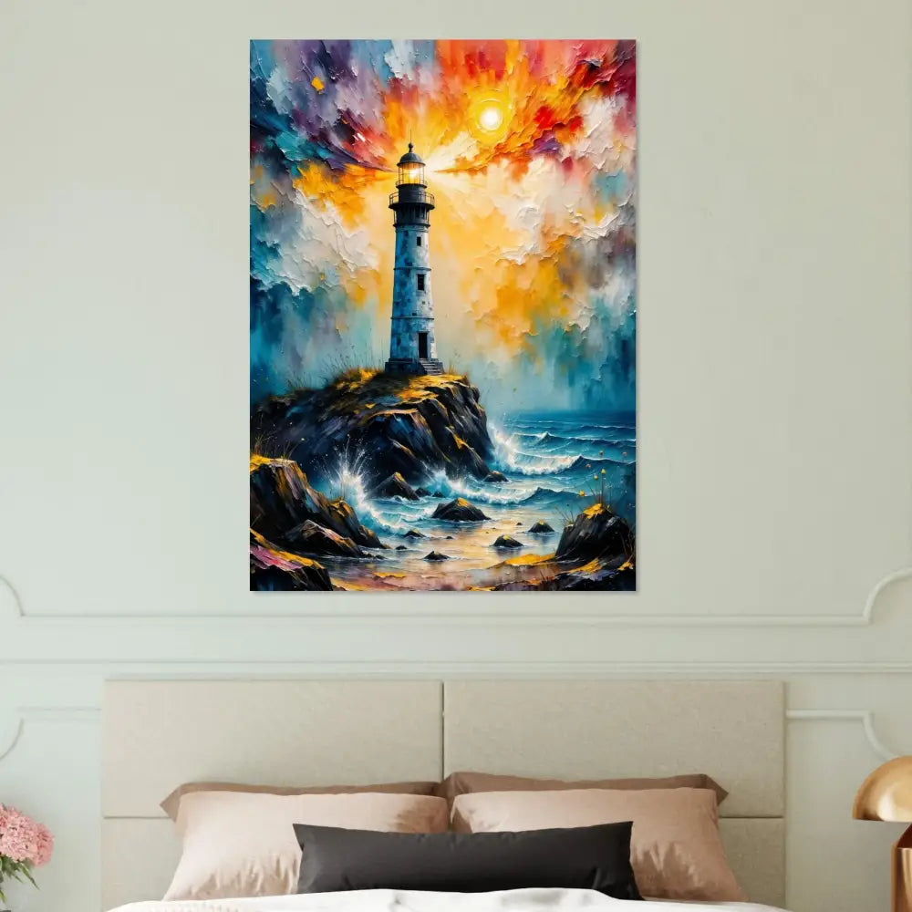 Fine art poster of a lone lighthouse stands defiantly on rocky coast under dramatic sky
