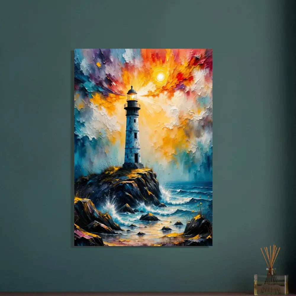 Vibrant fine art poster of a lone lighthouse stands defiantly on rocky coast under colorful sky