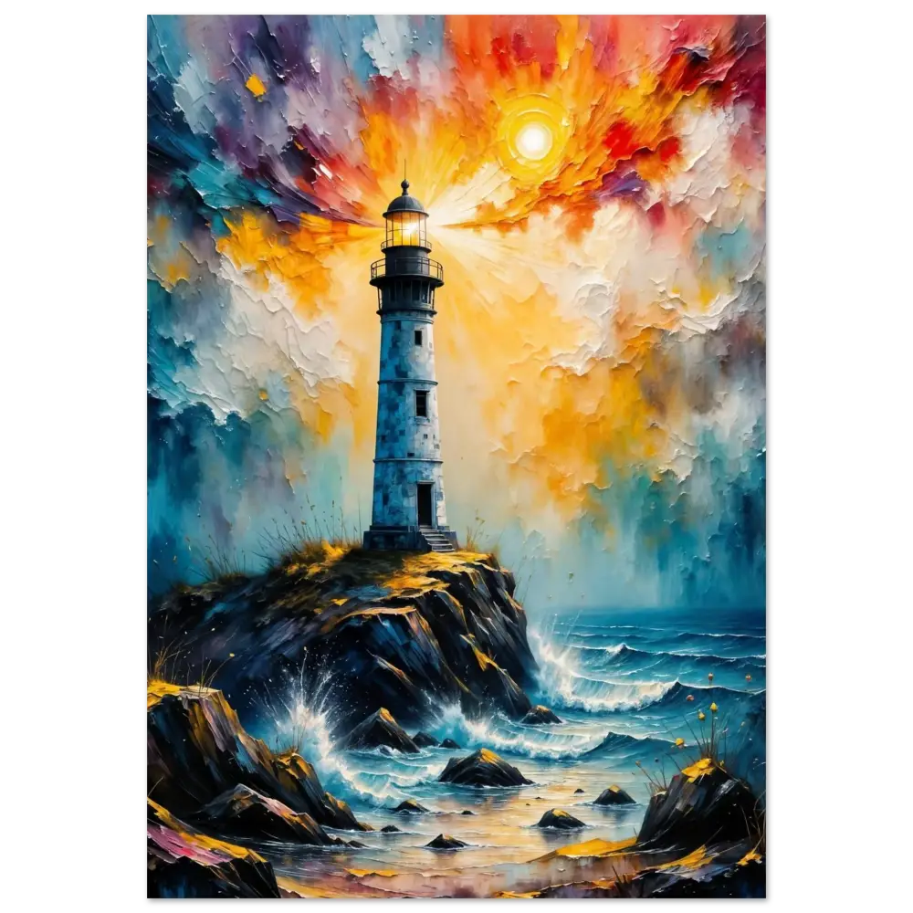 Fine art poster of a lone lighthouse stands defiantly on a rocky coast with a colorful sky