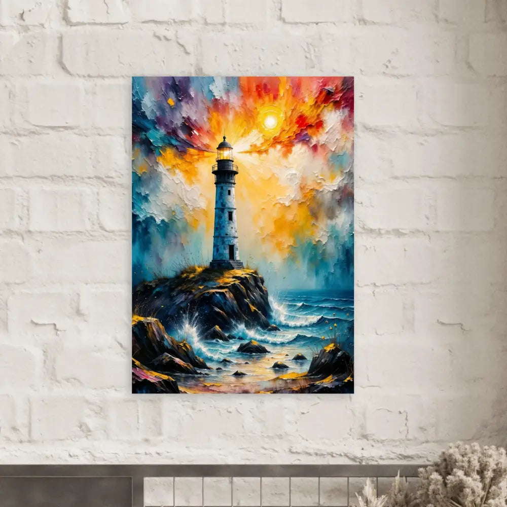 Vibrant fine art impressionistic poster of a lone lighthouse stands defiantly at sunset