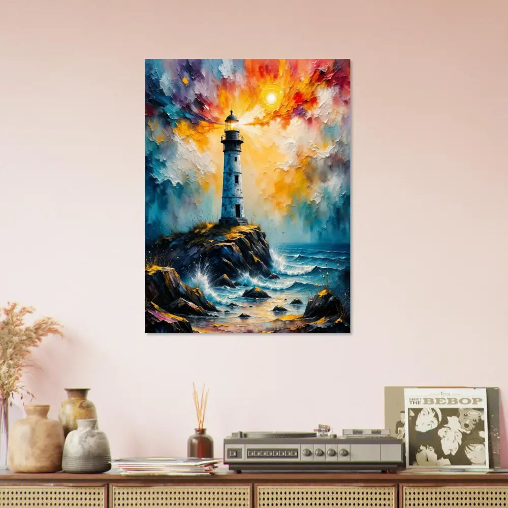 Fine art poster of a lone lighthouse stands defiantly on rocky coast with crashing waves