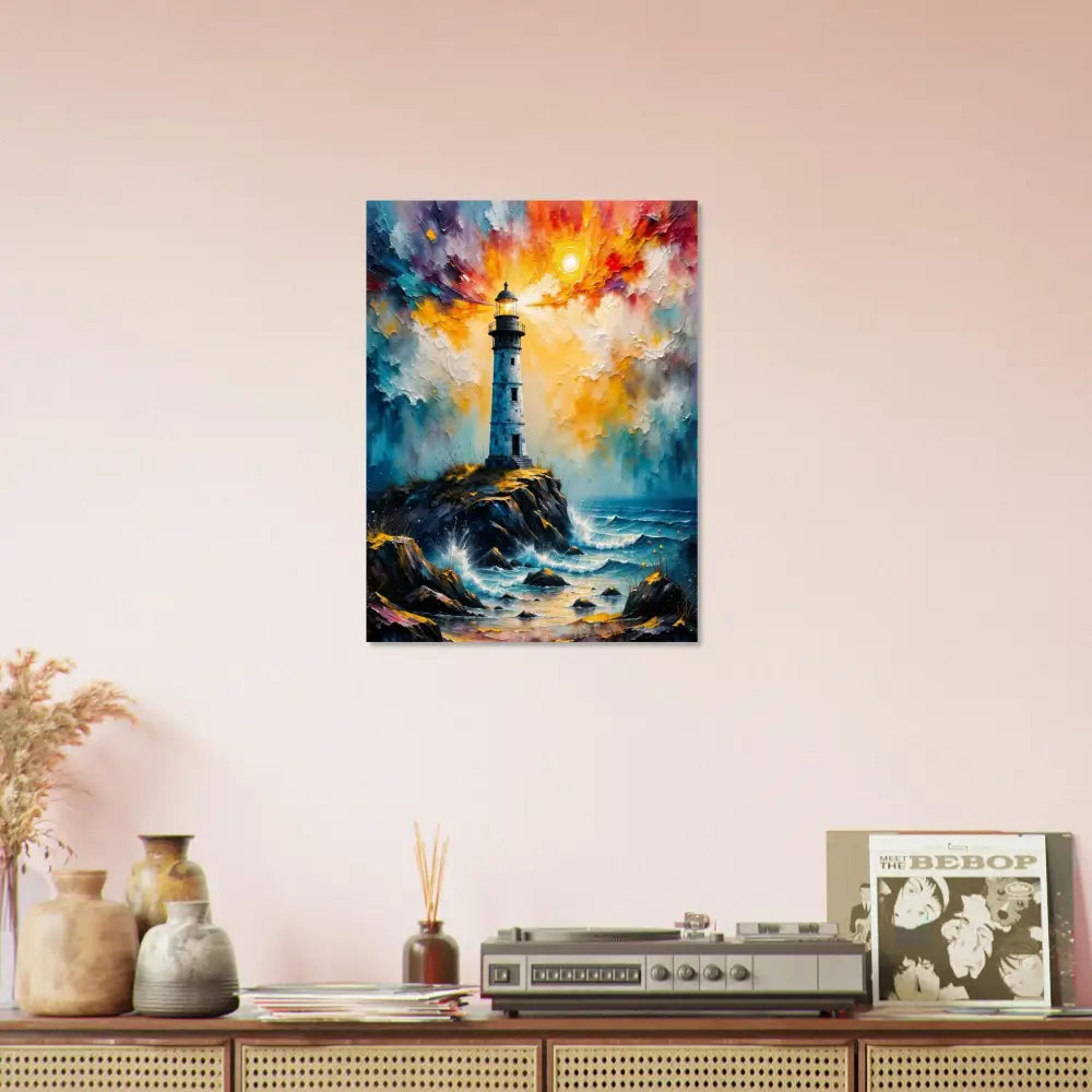 Fine art oil painting of a lone lighthouse stands defiantly on a rocky coast at sunset