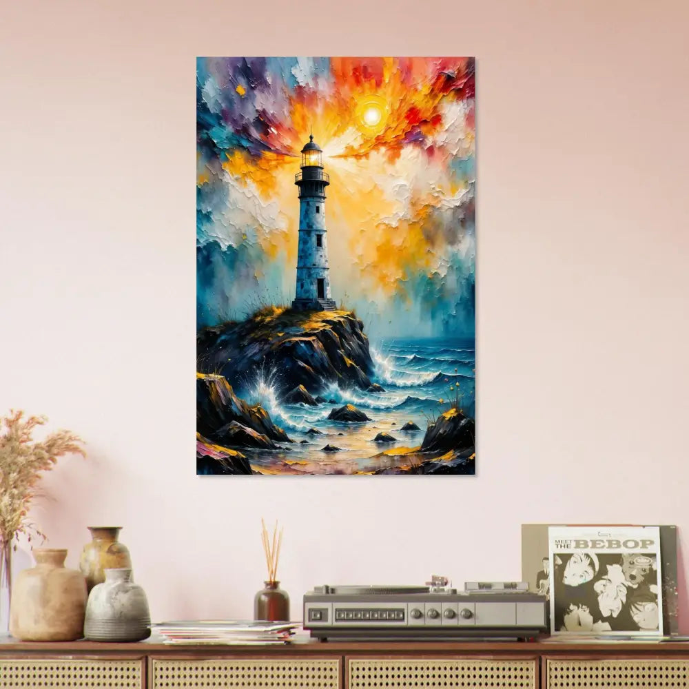 Textured fine art oil painting of a lone lighthouse stands defiantly on a rocky coast with vibrant sky