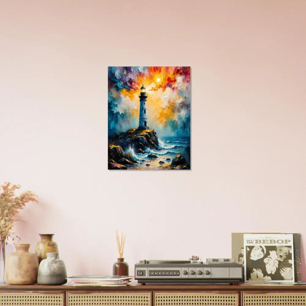 Fine art poster of a lone lighthouse stands defiantly on a rocky coast at sunset