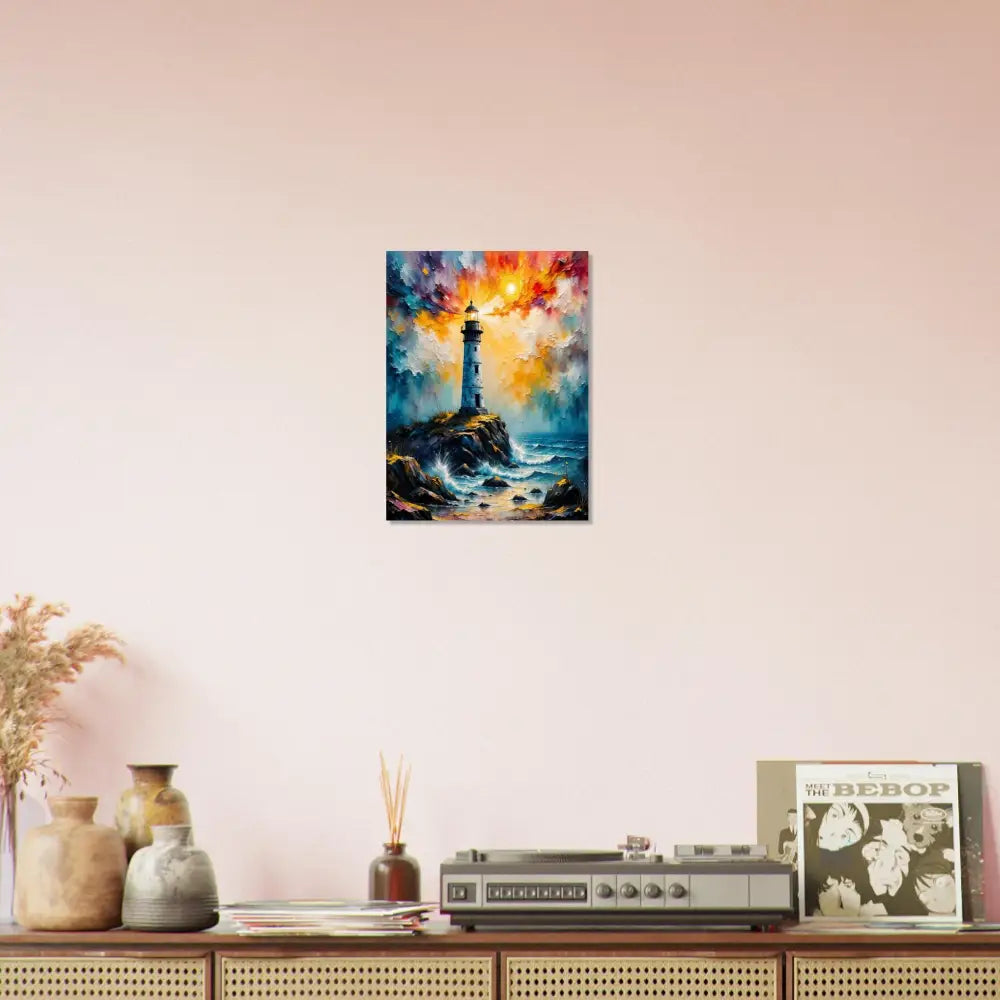 Fine art poster of a lone lighthouse stands defiantly on a rocky coast at sunset