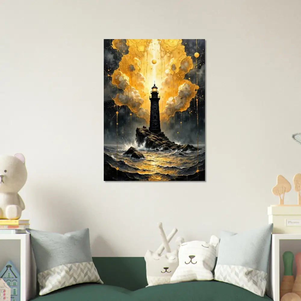 Fine Art Poster Beacon of the Veil features a lone lighthouse pierces stormy sea with shimmering clouds